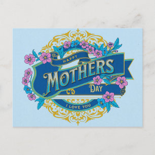 Postal Flores florales azules de Vintage Happy Mother's D