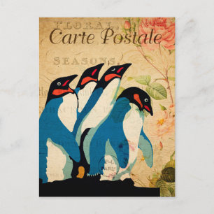 Postal Flores florales de pingüinos vintage