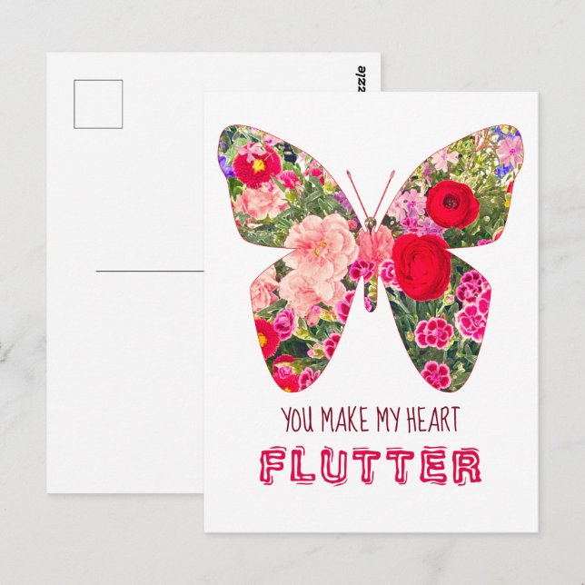 Postal Flores florales mariposa El día de San Valentín Po (Anverso / Reverso)