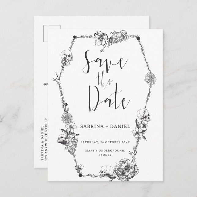 Postal Flores floridas de mano gótica Skull Guardar fecha (Anverso / Reverso)