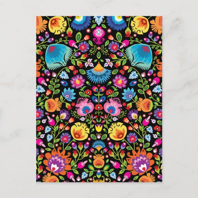 Postal Flores folclóricas Wycinanki negro (Anverso)