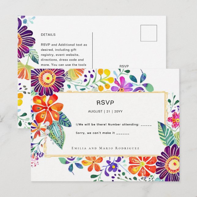 Postal Flores Folkart FIESTA RSVP (Anverso / Reverso)