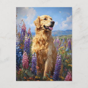 Postal Flores Lupine Golden Retriever