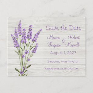 Postal Flores moradas de lavanda en madera Save the Date