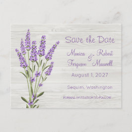 Postal Flores moradas de lavanda en madera Save the Date
