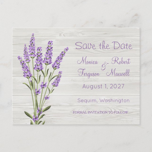 Postal Flores moradas de lavanda en madera Save the Date (Anverso)