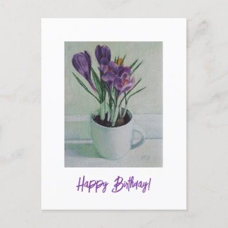 Postal Flores moradas en una carta de arte de cumpleaños