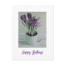 Flores moradas en una carta de arte de cumpleaños