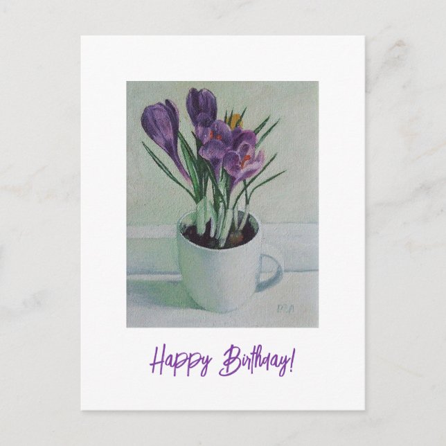Postal Flores moradas en una carta de arte de cumpleaños  (Anverso)