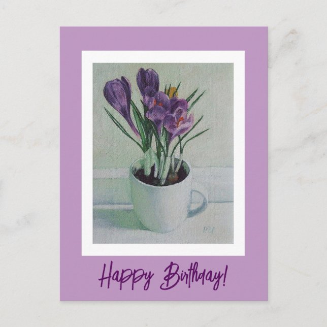 Postal Flores moradas en una carta de arte de cumpleaños  (Anverso)