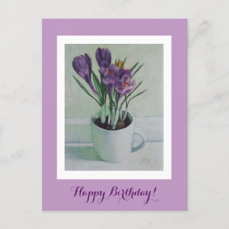 Postal Flores moradas en una carta de arte de cumpleaños