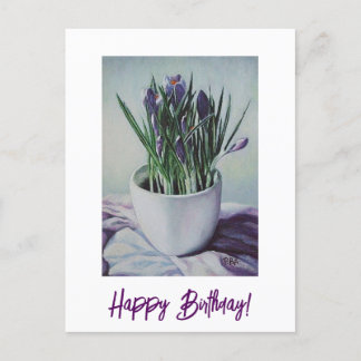 Postal Flores moradas en una carta de arte de cumpleaños 