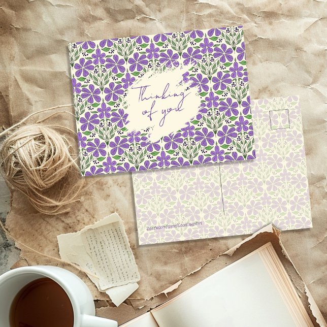 Postal Flores Moradas Ilustradas Patrón Botánico (Subido por el creador)