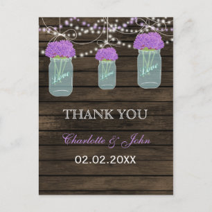 Postal Flores moradas Mason Jars Barn Wood Boda