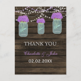 Postal Flores moradas Mason Jars Barn Wood Boda