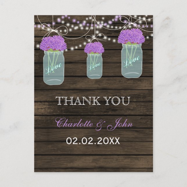 Postal Flores moradas Mason Jars Barn Wood Boda (Anverso)