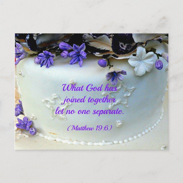 Postal Flores moradas pastel boda con verso de la Biblia (Anverso)