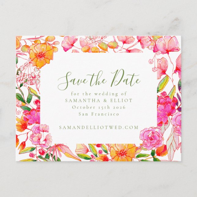 Postal Flores Naranjas Rosadas Presupuesto Boda Save the  (Anverso)