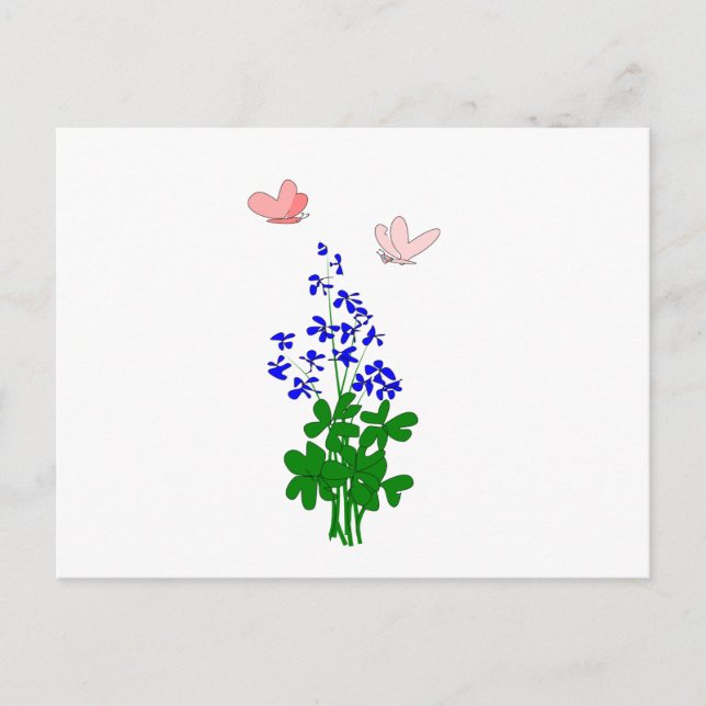 Postal Flores no-negras azul, shamrock, mariposa (Anverso)