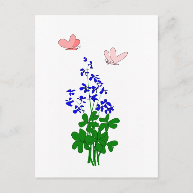 Postal Flores no-negras azul, shamrock, mariposa (Anverso)