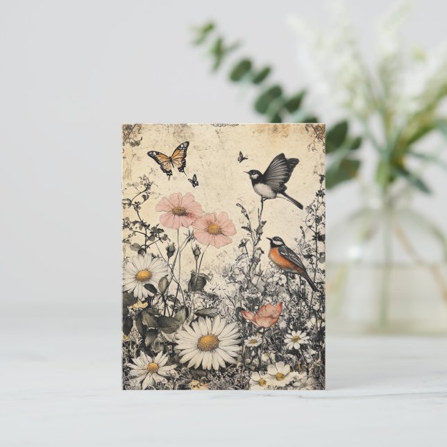 Postal Flores, pájaros y mariposa sobre papel de edad (1) (Anverso de pie)