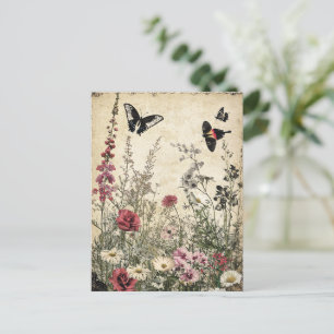 Postal Flores, pájaros y mariposa sobre papel de edad (2)