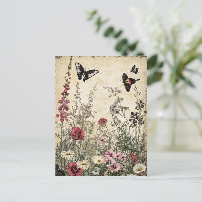 Postal Flores, pájaros y mariposa sobre papel de edad (2) (Anverso de pie)