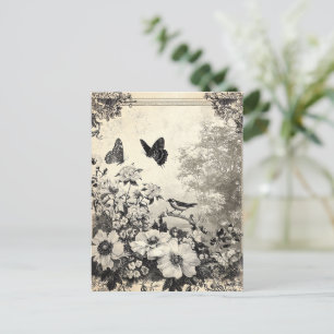 Postal Flores, pájaros y mariposa sobre papel de edad (3)