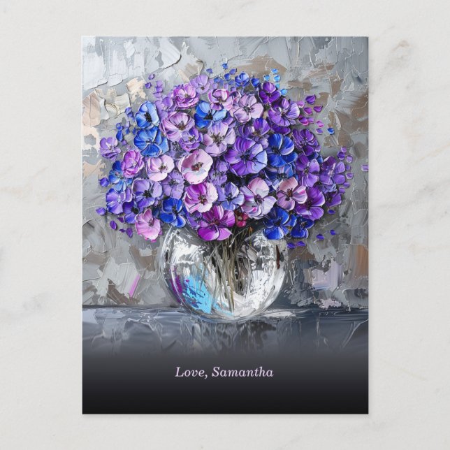 Postal Flores Personalizadas Elegantes Moradas y Azules (Anverso)