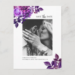 Postal Flores púrpura a la acuarela. Save the Date floral