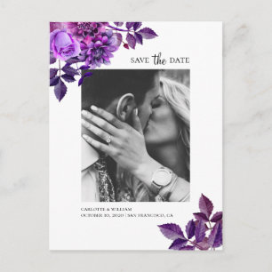 Postal Flores púrpura a la acuarela. Save the Date floral