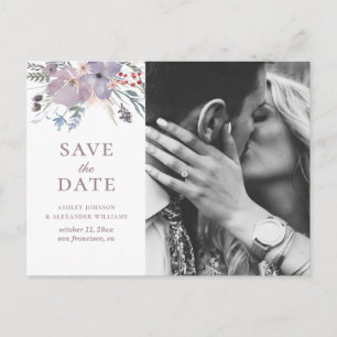 Postal Flores púrpura de acuarela. Floral Save the Date