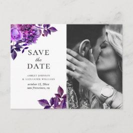 Postal Flores púrpura de acuarela. Floral Save the Date
