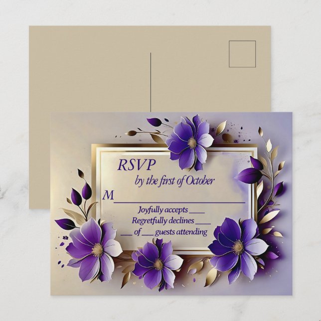 Postal Flores púrpuras de hoja de oro RSVP (Anverso / Reverso)