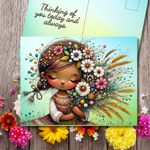 Postal Flores Retro de Niña Pensando en Ti