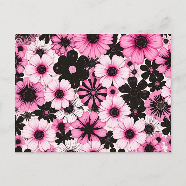 Postal Flores retro en rosa y negro (Anverso)