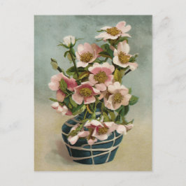 Postal Flores rosa vintage en malla azul