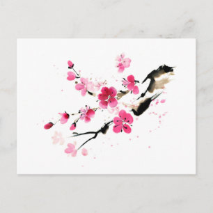 Postal Flores rosadas de primavera Arte de tinta caligráf