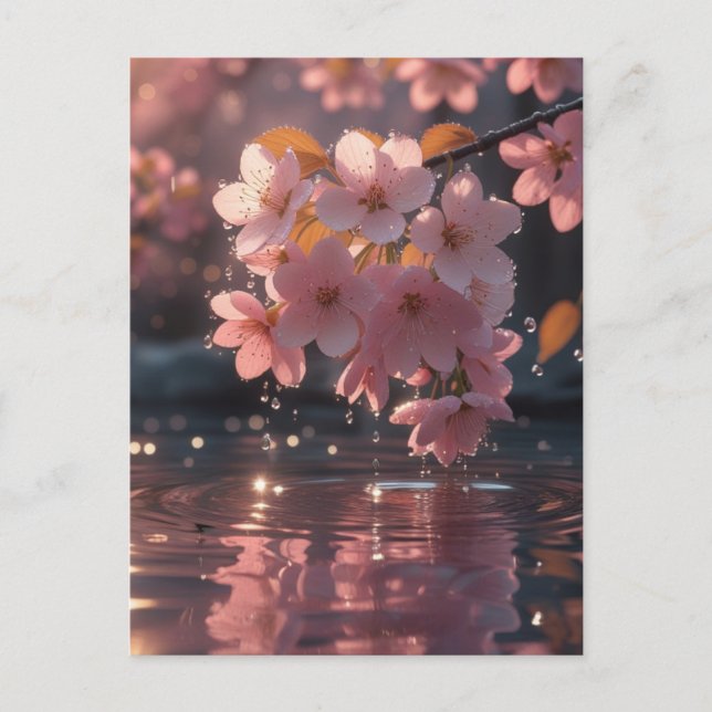 Postal Flores rosadas de Sakura sobre el agua | Serene Sp (Anverso)