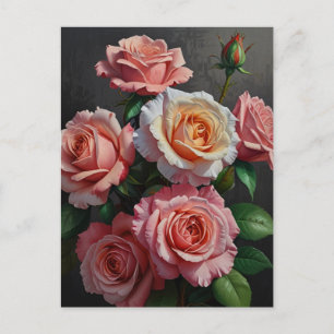 Postal Flores Rosas Aceite Pintado