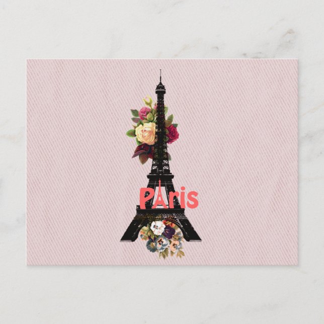 Postal Flores rosas antiguas Torre Eiffel París Francés (Anverso)