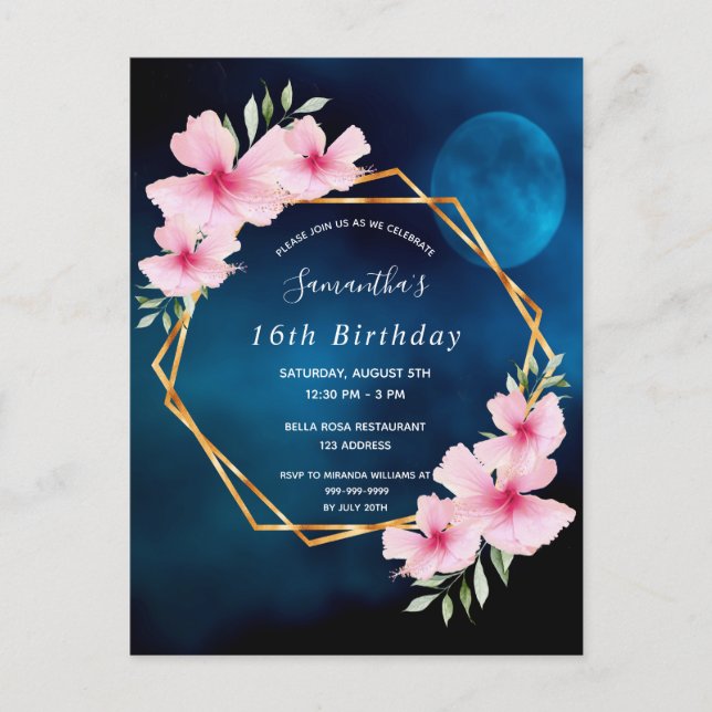 Postal Flores rosas de luna azul de cumpleaños (Anverso)