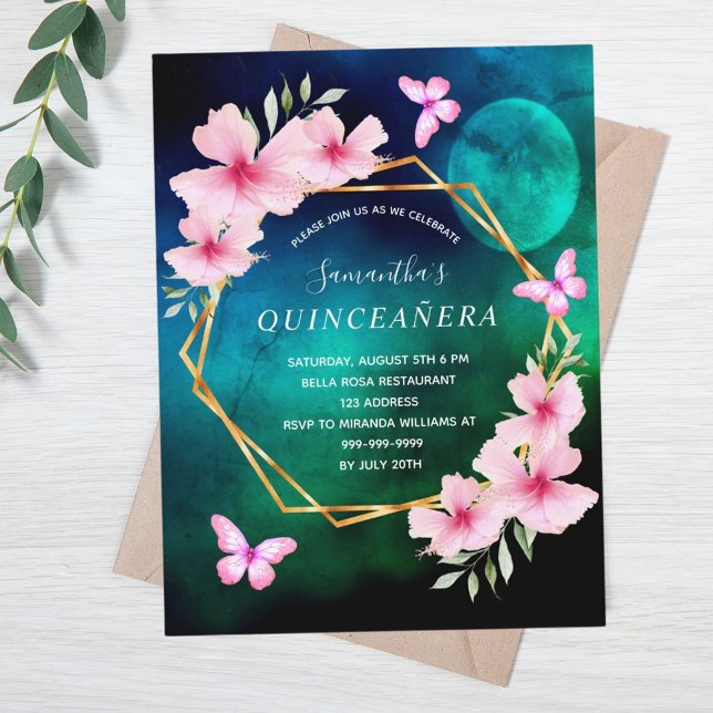 Postal Flores rosas de luna azul verde azul Quinceanera (Subido por el creador)
