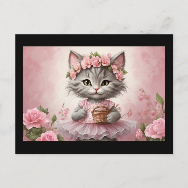 Postal Flores rosas gatito vestido (Anverso)