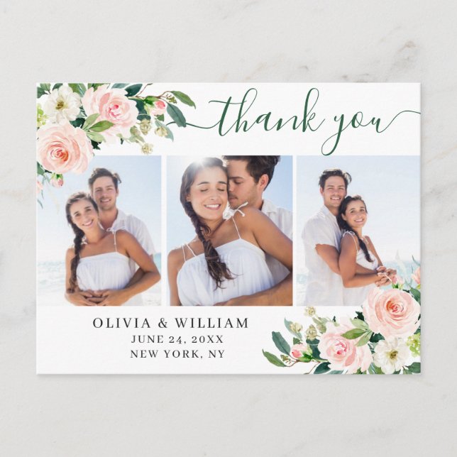 Postal Flores rosas Rubor verde 3 Foto Gracias (Anverso)