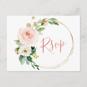 Postal Flores rosas Rubor verde Boda floral RSVP