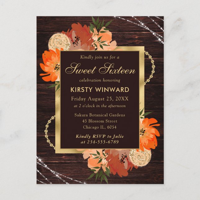 Postal Flores Rústicas de Otoño en Naranja Quemado Cumple (Anverso)