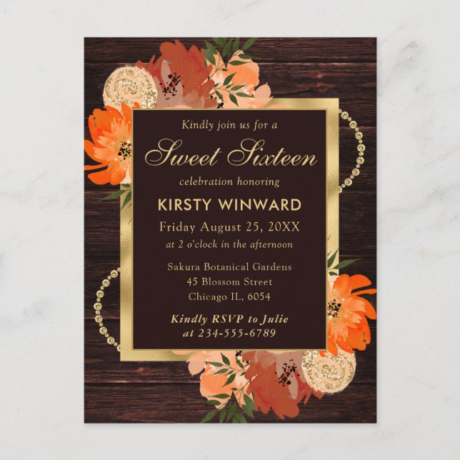 Postal Flores Rústicas de Otoño Naranja Quemado Cumple di (Anverso)