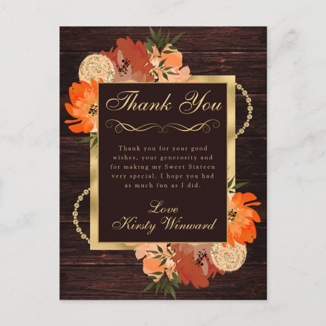 Postal Flores Rústicas de Otoño Naranja Quemado Dulces Di (Anverso)