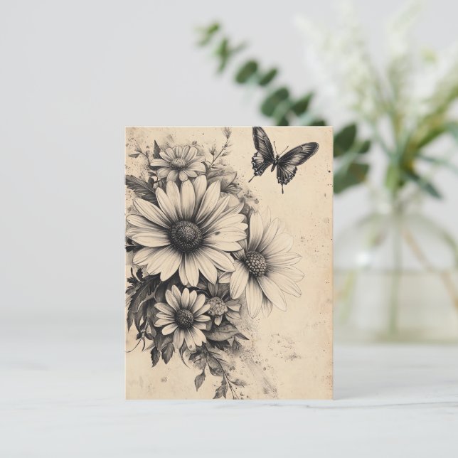 Postal Flores rústicas y mariposa - Papel de edad (11) (Anverso de pie)